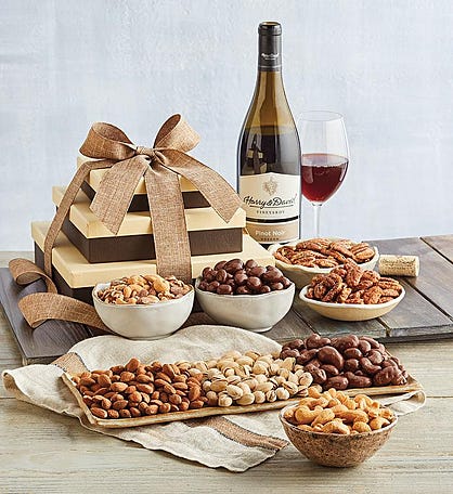 Premium Nut Gift Tower with Wine